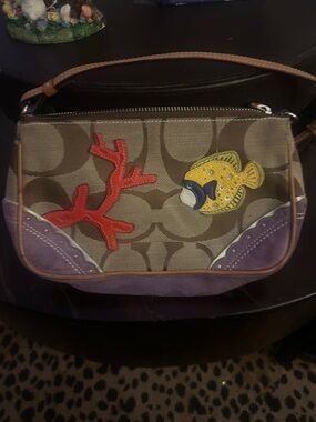 Coach Signature Canvas Shoulder Bag with Coral & Fish Appliqués - Purple/Brown